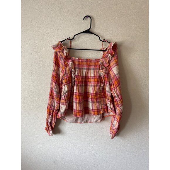 NWT Free People Siena Plaid Orange and Pink Pullover boho Smocked Blouse - Picture 4 of 5